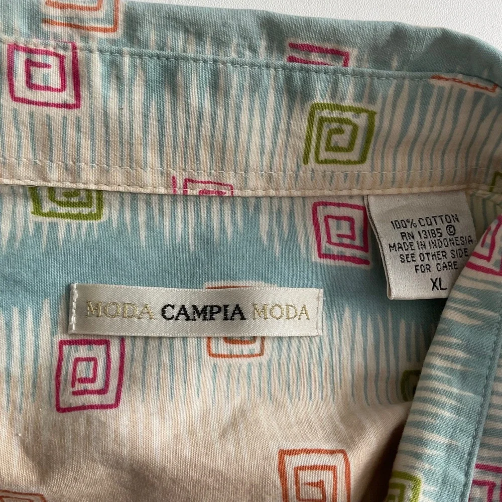 Moda Campia Moda Mens XL Cotton Button Down Shirt Geometric Spiral Ikat Teal Tan - Picture 4 of 9
